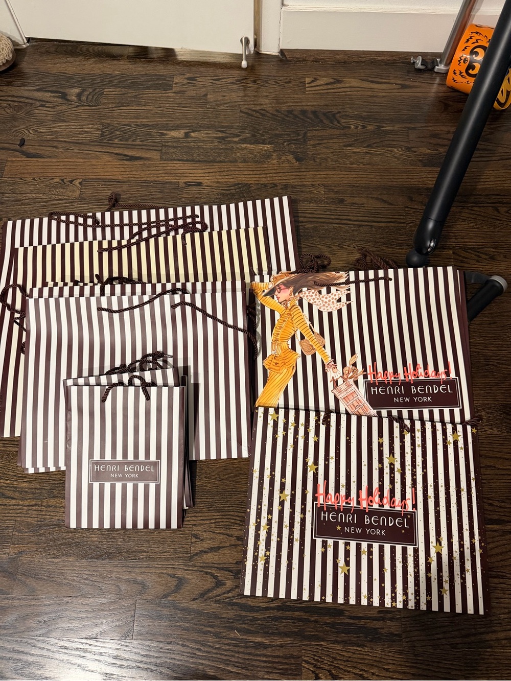 Henri Bendel Brown and White Vertical Stripe Shopping Bags